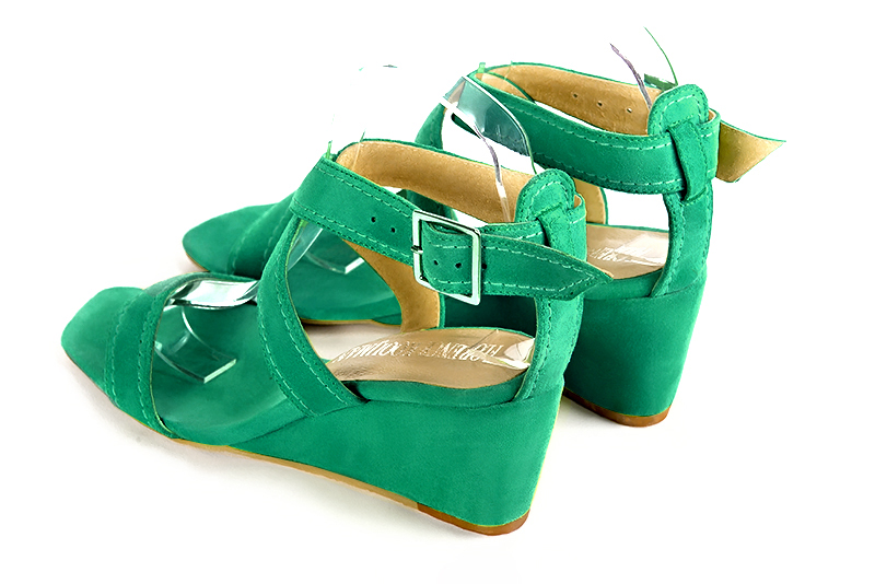 Emerald green women's fully open sandals, with crossed straps. Square toe. Medium wedge heels. Rear view - Florence KOOIJMAN